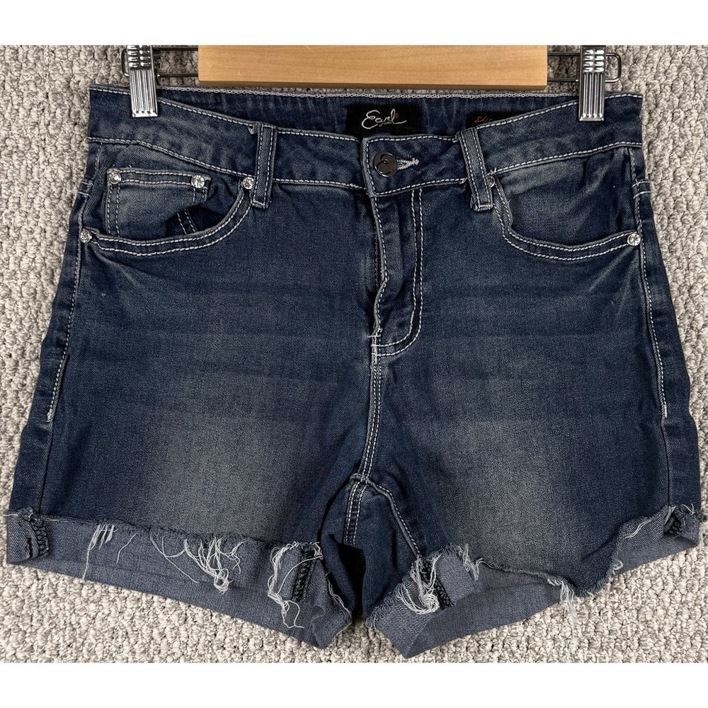 Indie Sleaze Y2K Denim Shorts Women 10 Fleur De Lis Bling Cutoff Stretch